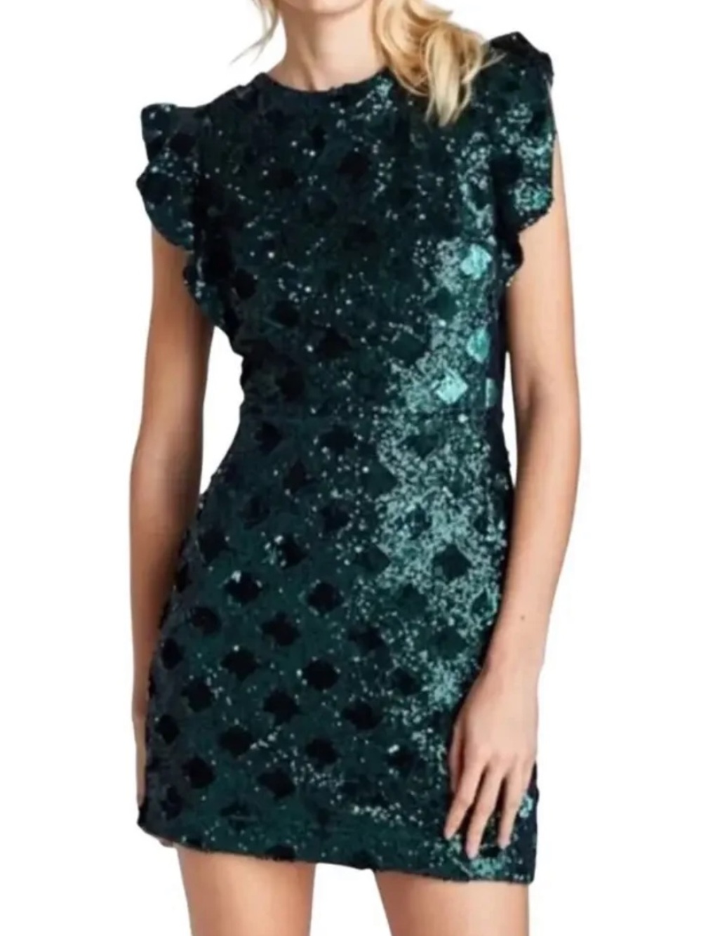 Zara | Women’s Teal Sequined Ruffle Sleeve Velvet Tie Back Mini Dress Lined XL
